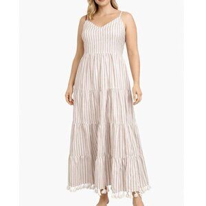 Lulus Beauty at the Beach Tan Striped Tiered Tassel bottom Maxi Dress SZ XS